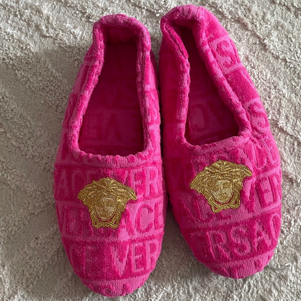 Versace Fuchsia Slippers with Gold Medusa